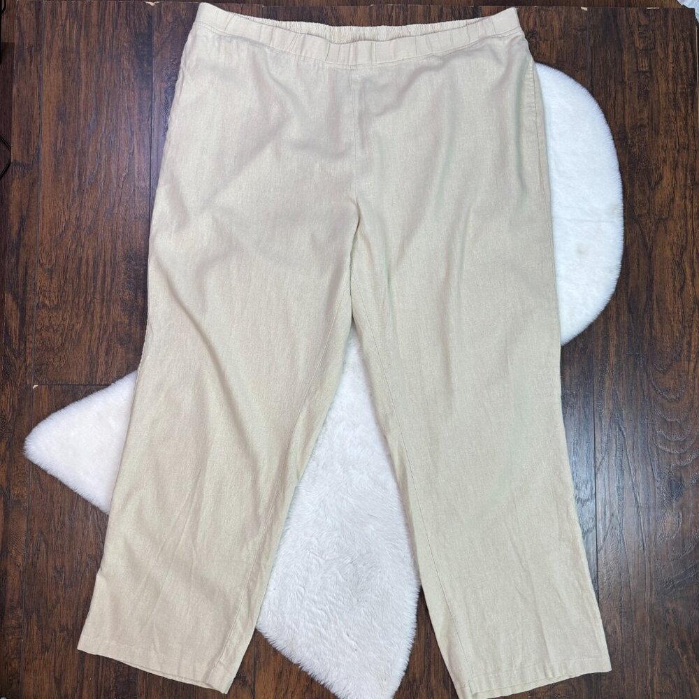 Woman Within Pull-On Pants 30W Tall Beige Linen Blend Elastic Waist Women's